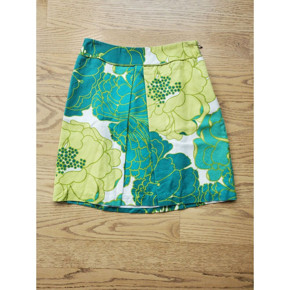 Ann Taylor Womens 0P Retro A-Line Pleated Green Floral Skirt Cotton Silk Blend